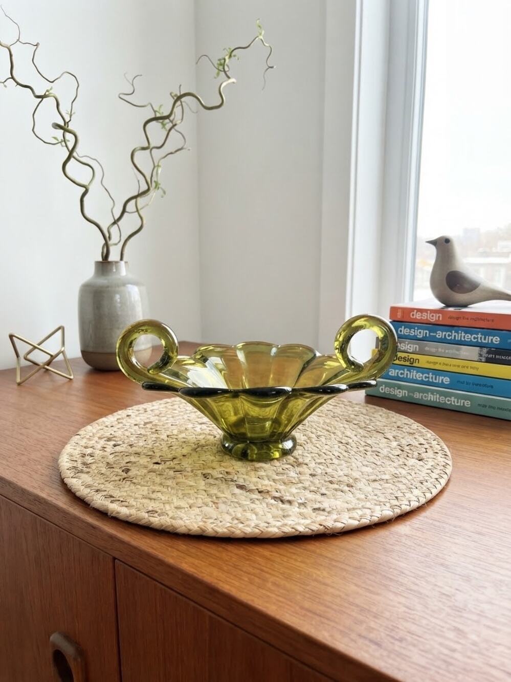 Vintage Avocado Green Glass Pressed Glass Candy Dish
